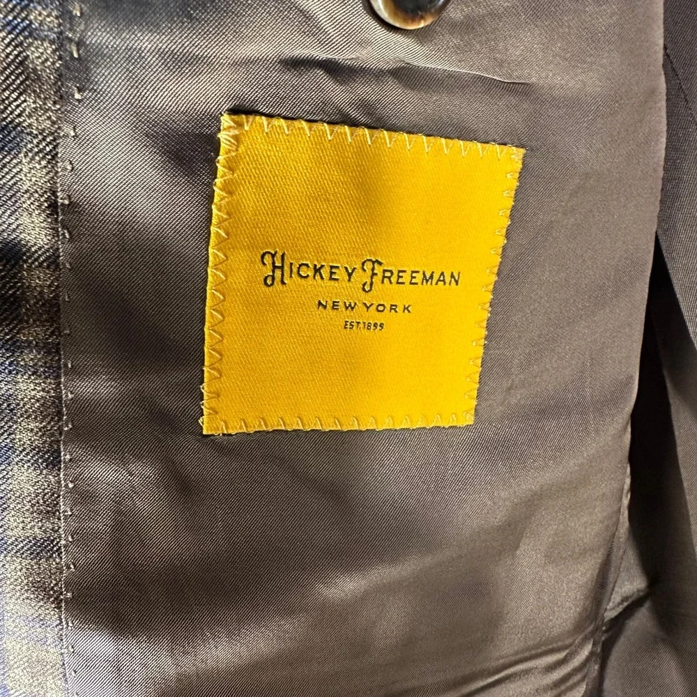 Hickey Freeman Beacon Mens 44R Worsted Wool Blazer Brown Blue Plaid Sport Coat